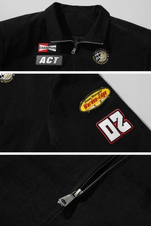 WARDEN EDGE Racing Patch Zip Jacket with Elastic Cuffs and Retro Embroidery