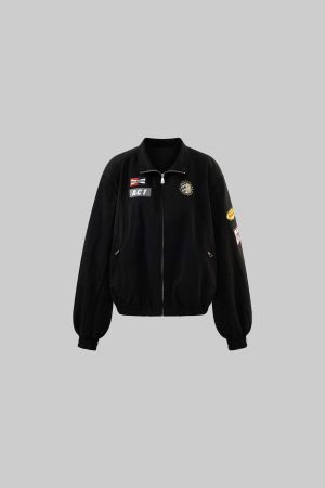 WARDEN EDGE Racing Patch Zip Jacket with Elastic Cuffs and Retro Embroidery