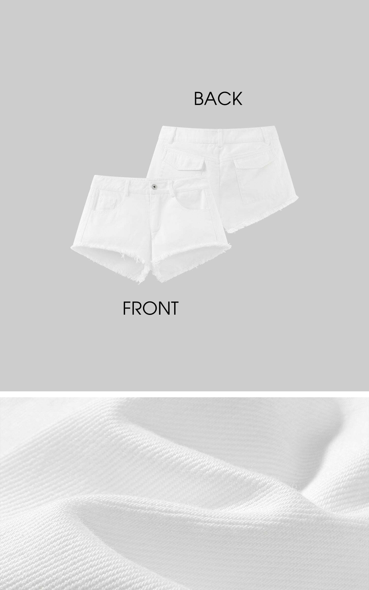 WARDEN EDGE Raw Hem Denim Shorts with Low Rise Cut and Back Flap Pockets WARDEN EDGE Raw Hem Denim Shorts with Low Rise Cut and Back Flap Pockets