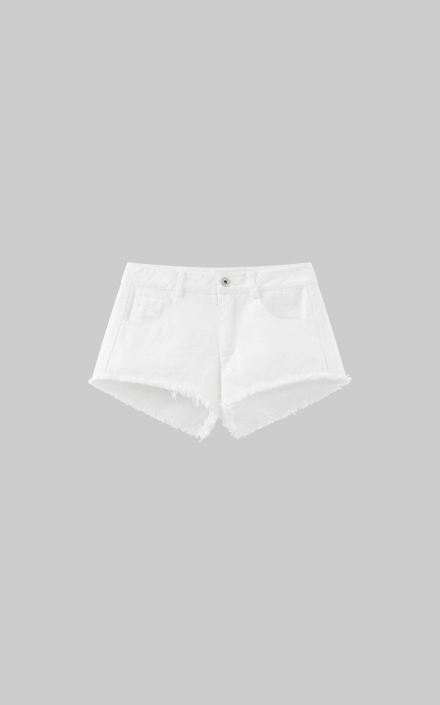 WARDEN EDGE Raw Hem Denim Shorts with Low Rise Cut and Back Flap Pockets WARDEN EDGE Raw Hem Denim Shorts with Low Rise Cut and Back Flap Pockets