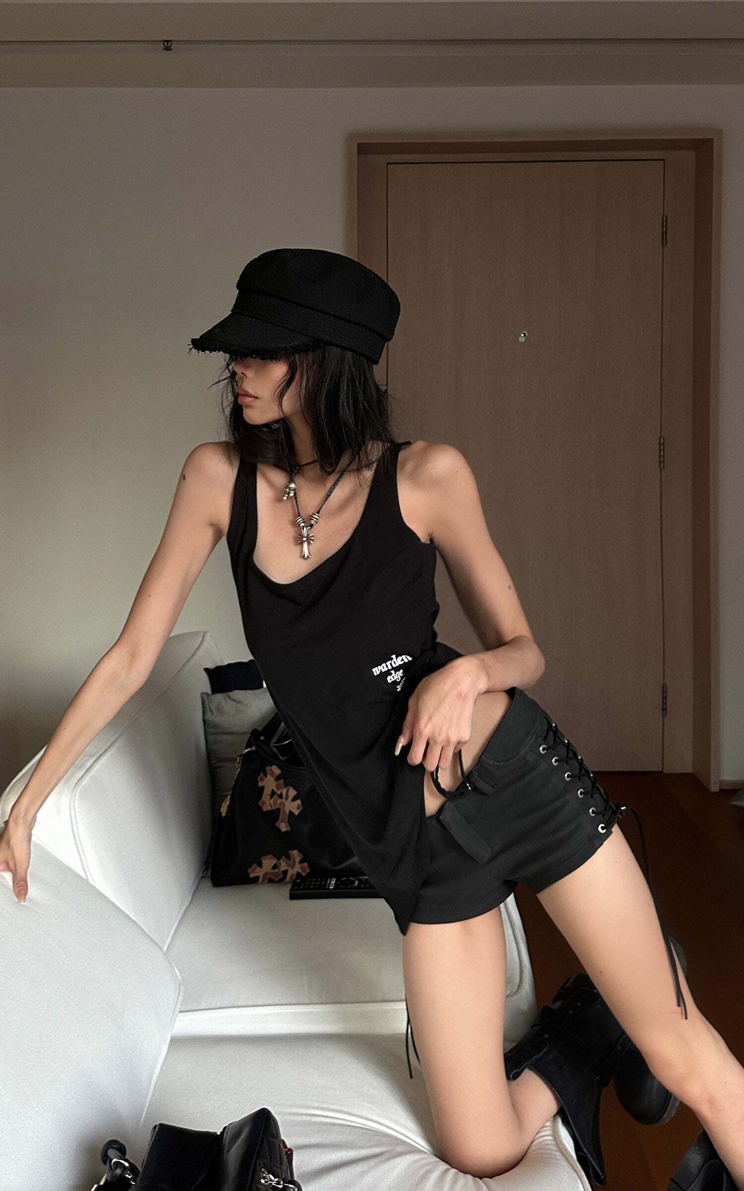 WARDEN EDGE Side Lace-Up Utility Shorts with Elongated Drawstrings and Belt Loops WARDEN EDGE Side Lace-Up Utility Shorts with Elongated Drawstrings and Belt Loops