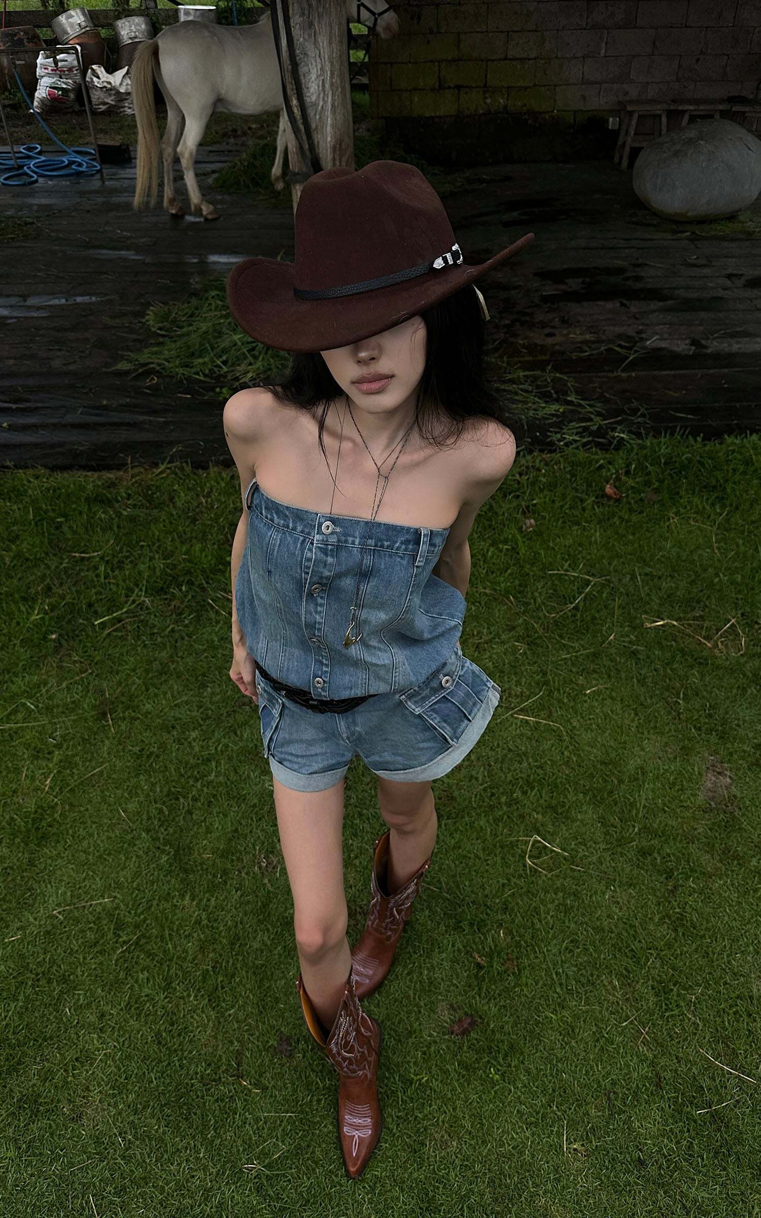 WARDEN EDGE Strapless Denim Utility Romper WARDEN EDGE Strapless Denim Utility Romper