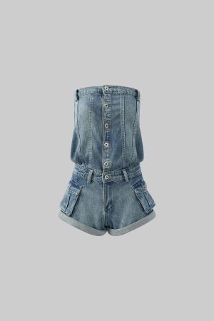 WARDEN EDGE Strapless Denim Utility Romper