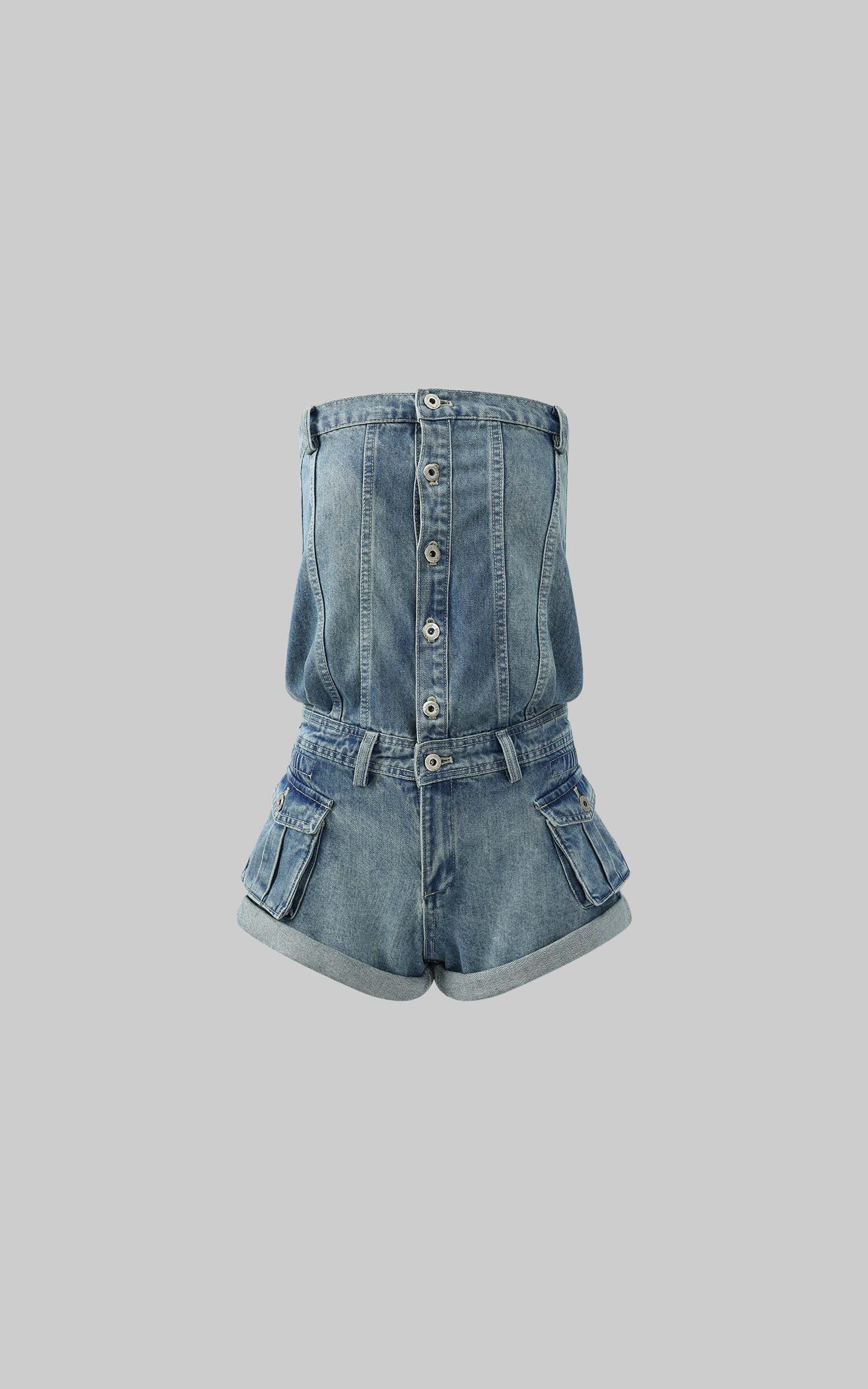 WARDEN EDGE Strapless Denim Utility Romper WARDEN EDGE Strapless Denim Utility Romper