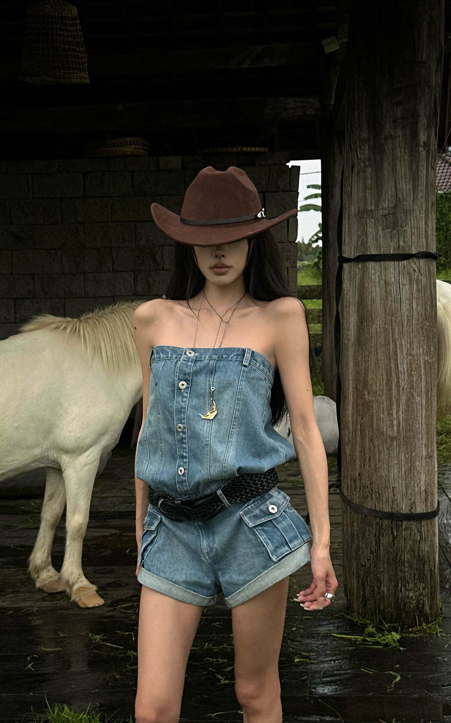 WARDEN EDGE Strapless Denim Utility Romper WARDEN EDGE Strapless Denim Utility Romper