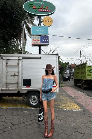 WARDEN EDGE Strapless Denim Utility Romper