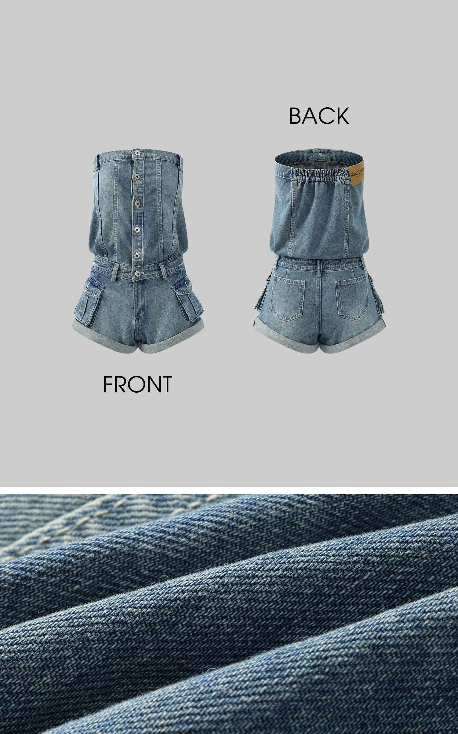 WARDEN EDGE Strapless Denim Utility Romper WARDEN EDGE Strapless Denim Utility Romper
