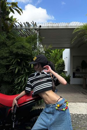 WARDEN EDGE Striped Cropped Polo Shirt with Contrast Collar