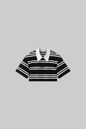 WARDEN EDGE Striped Cropped Polo Shirt with Contrast Collar