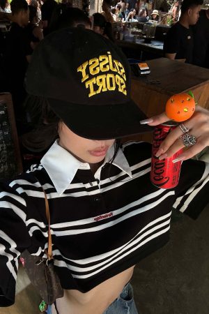 WARDEN EDGE Striped Cropped Polo Shirt with Contrast Collar