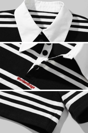 WARDEN EDGE Striped Cropped Polo Shirt with Contrast Collar