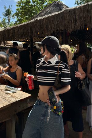 WARDEN EDGE Striped Cropped Polo Shirt with Contrast Collar