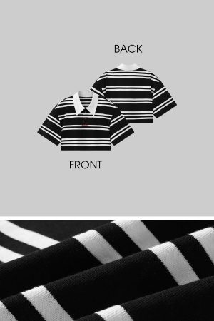 WARDEN EDGE Striped Cropped Polo Shirt with Contrast Collar