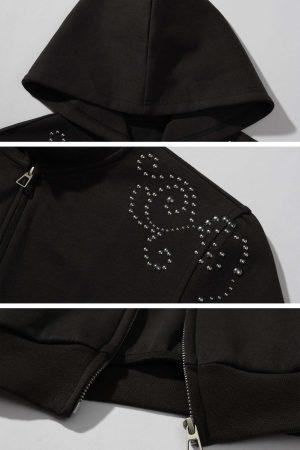 WARDEN EDGE Studded Zip-Up Hoodie with Spiral Embellishments and Extended Sleeves