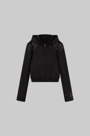 WARDEN EDGE Studded Zip-Up Hoodie with Spiral Embellishments and Extended Sleeves