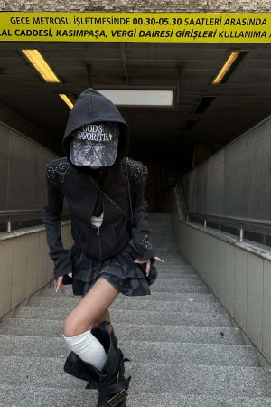 WARDEN EDGE Studded Zip-Up Hoodie with Spiral Embellishments and Extended Sleeves