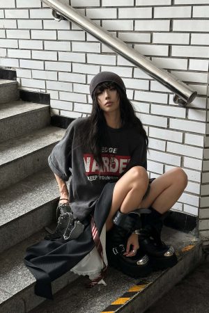 WARDEN EDGE Washed Oversized Tee with Red Letter Print