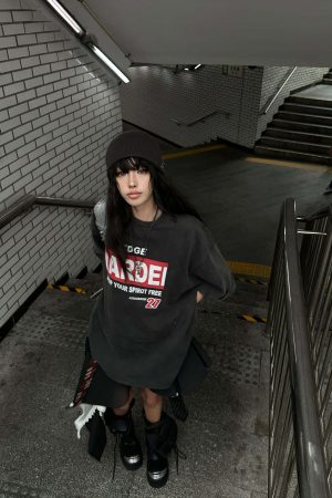 WARDEN EDGE Washed Oversized Tee with Red Letter Print