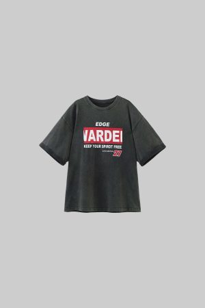 WARDEN EDGE Washed Oversized Tee with Red Letter Print