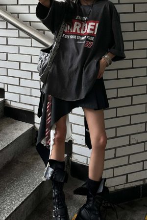WARDEN EDGE Washed Oversized Tee with Red Letter Print