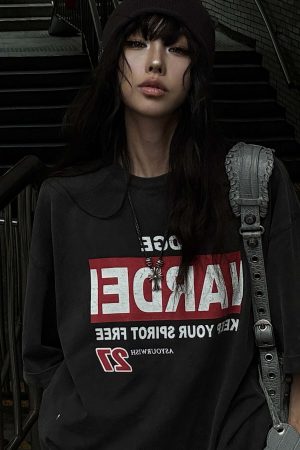 WARDEN EDGE Washed Oversized Tee with Red Letter Print