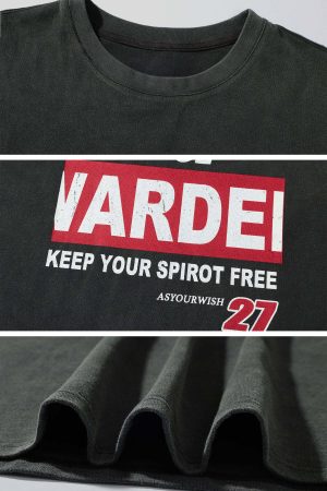 WARDEN EDGE Washed Oversized Tee with Red Letter Print