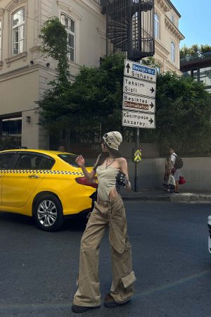 WARDEN EDGE Wide Leg Cargo Pants with Strap Details and Detachable Pocket