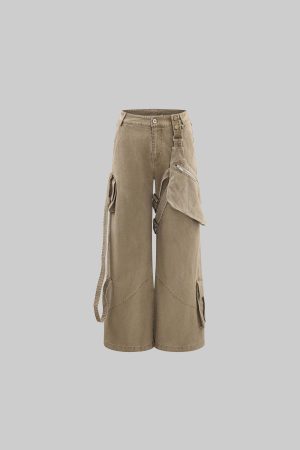 WARDEN EDGE Wide Leg Cargo Pants with Strap Details and Detachable Pocket