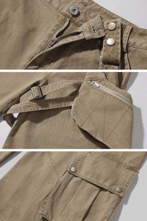 WARDEN EDGE Wide Leg Cargo Pants with Strap Details and Detachable Pocket