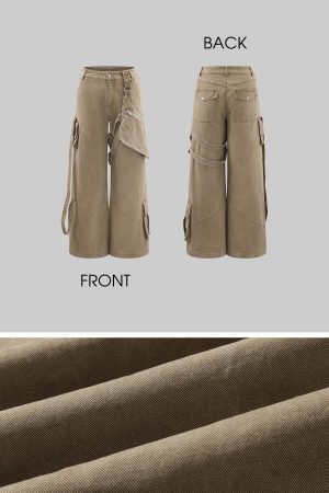 WARDEN EDGE Wide Leg Cargo Pants with Strap Details and Detachable Pocket