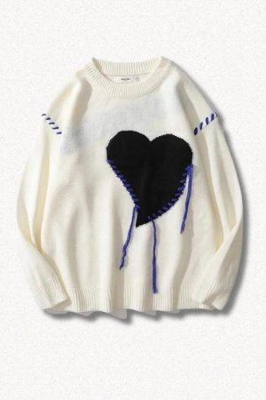 Weirdcore Heart Embroidered Sweater