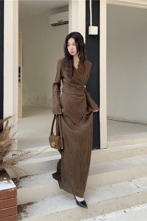 Wrap Around Blouse & Maxi Skirt Two Piece Set