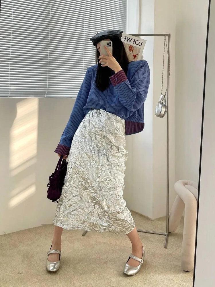 Wrinkled Silver Midi Skirt Wrinkled Silver Midi Skirt