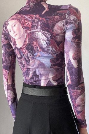 Y2K Angel Graphic Mesh Top