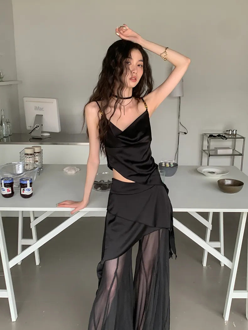 Y2K Asymmetric Top & Skirt Pants Two Piece Set Y2K Asymmetric Top & Skirt Pants Two Piece Set