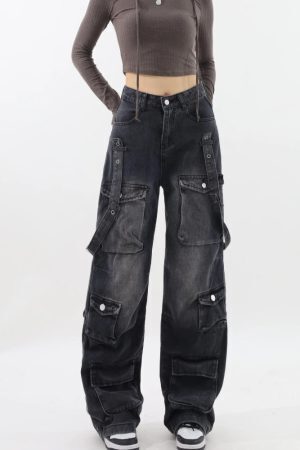 Y2K Belted Dark Wash Cargo Jeans