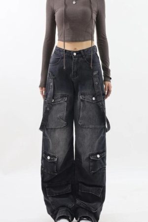 Y2K Belted Dark Wash Cargo Jeans
