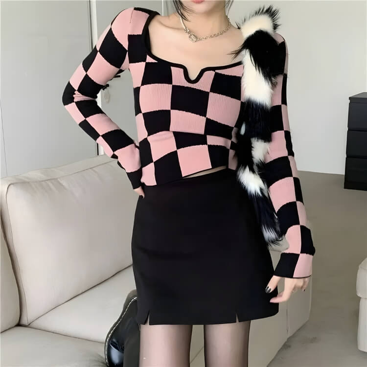 Y2K Checkered Square Neck Top Y2K Checkered Square Neck Top