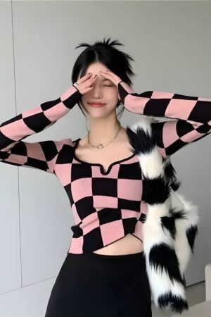 Y2K Checkered Square Neck Top