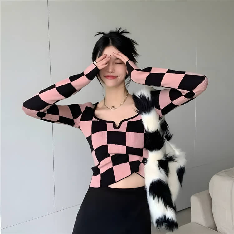 Y2K Checkered Square Neck Top Y2K Checkered Square Neck Top