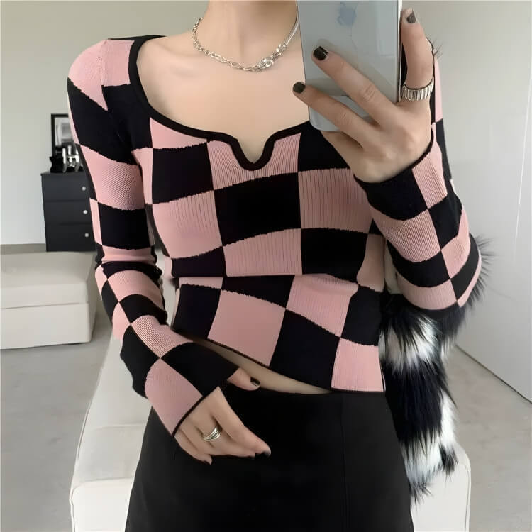 Y2K Checkered Square Neck Top Y2K Checkered Square Neck Top