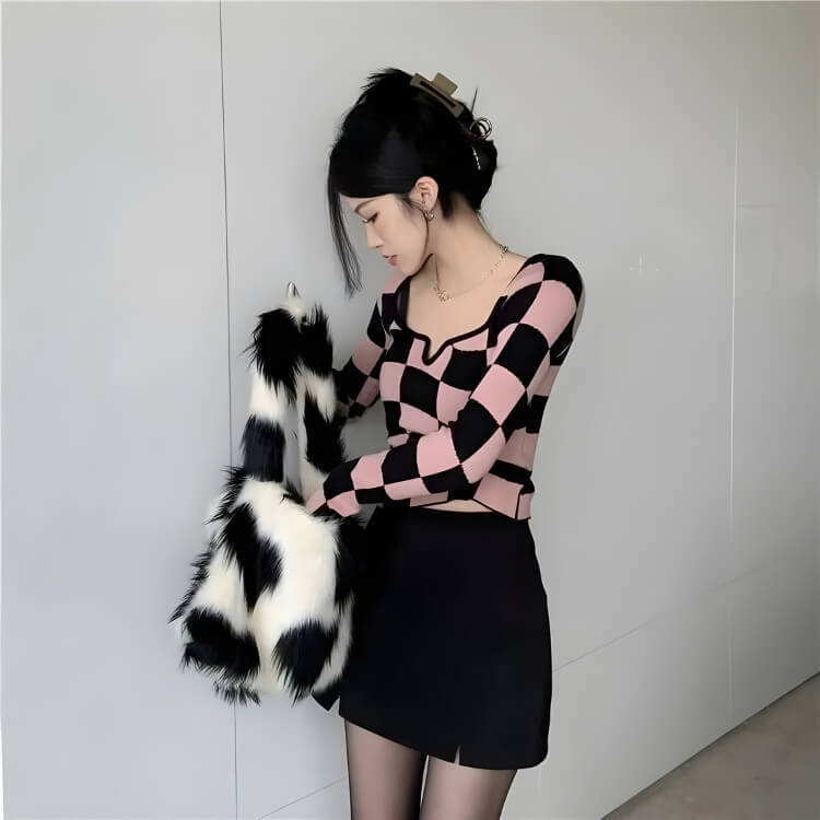 Y2K Checkered Square Neck Top Y2K Checkered Square Neck Top