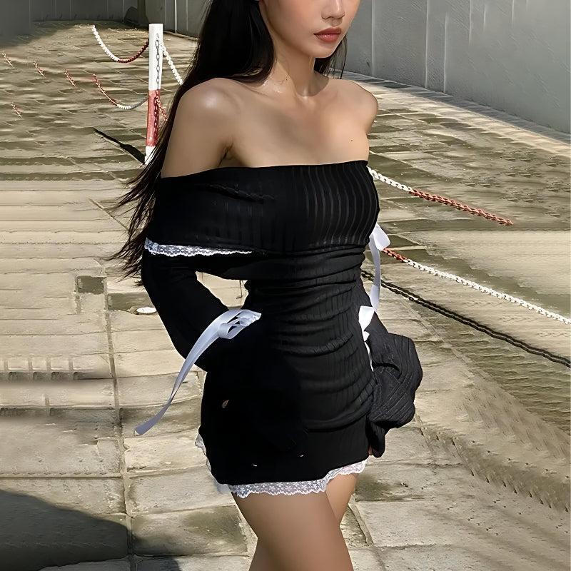 Y2K Corduroy Off Shoulder Bow Mini Dress Y2K Corduroy Off Shoulder Bow Mini Dress