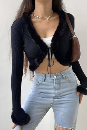 Y2K Faux Fur Corduroy Crop Cardigan