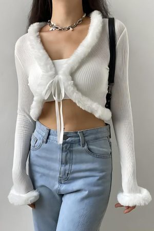 Y2K Faux Fur Corduroy Crop Cardigan
