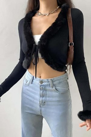 Y2K Faux Fur Corduroy Crop Cardigan