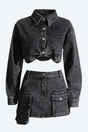 Y2K Grunge Denim Top & Skirt Two Piece Set