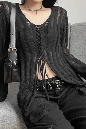 Y2K Grunge Sheer Lace Up Knitted Top
