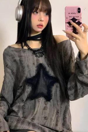 Y2K Grunge Star Distressed Sweater