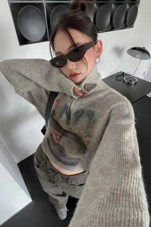 Y2K Half Zip-Up Knitted Sweater